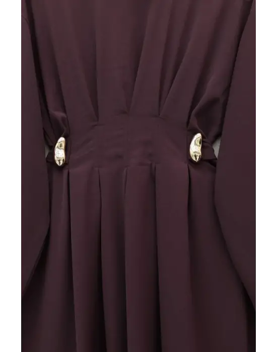 Pileli Beli Kemerli Toka Detaylı Modal Elbise  -Bordo