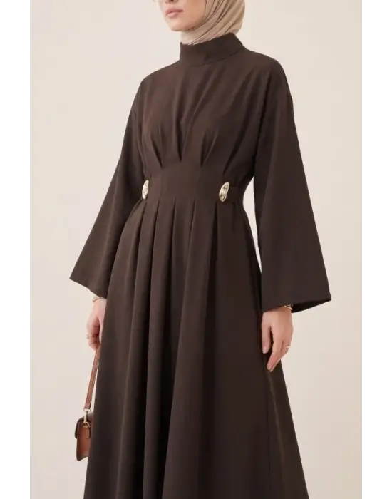 Pileli Beli Kemerli Toka Detaylı Modal Elbise  -Kamuflaj