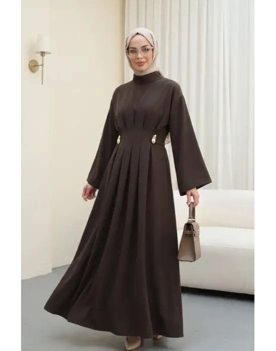 Pileli Beli Kemerli Toka Detaylı Modal Elbise  -Kamuflaj