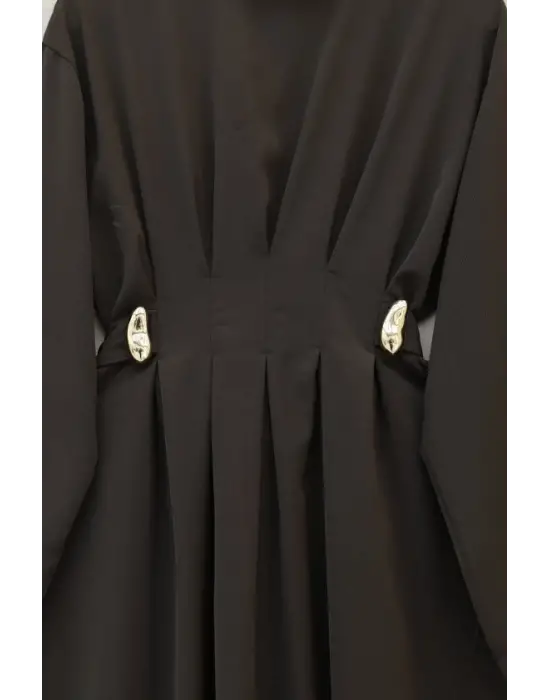 Pileli Beli Kemerli Toka Detaylı Modal Elbise  -Kamuflaj