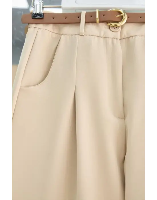 Pileli Cepli Kemerli Bilek Pantolon -Bej