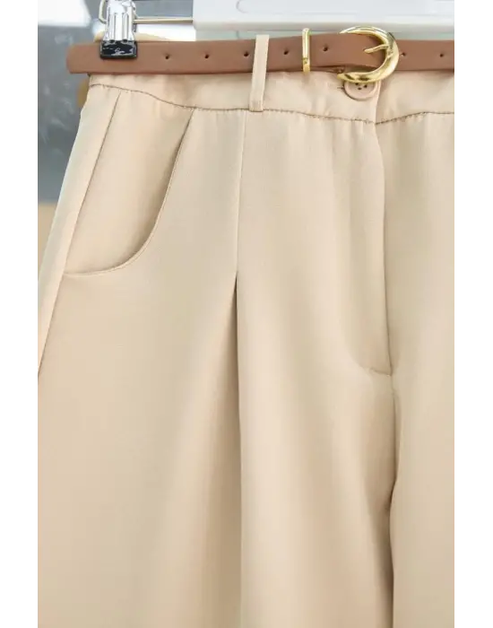 Omarı Pileli Cepli Bilek Pantolon - Bej