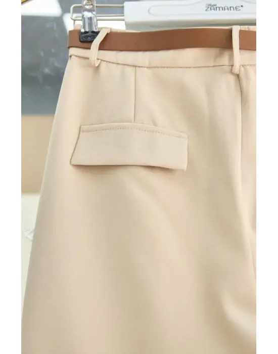 Pileli Cepli Kemerli Bilek Pantolon -Bej