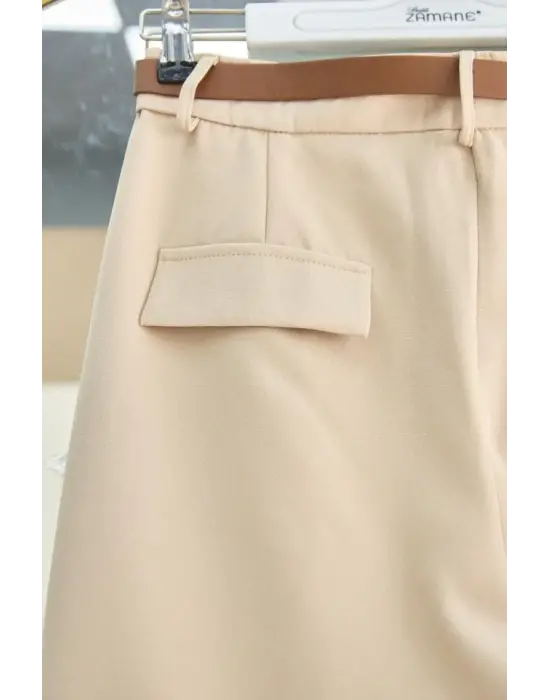 Omarı Pileli Cepli Bilek Pantolon - Bej