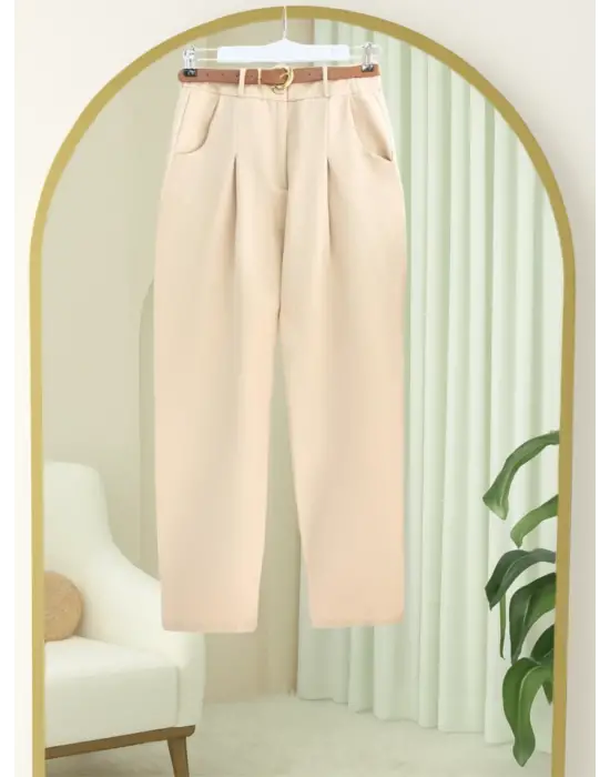 Pileli Cepli Kemerli Bilek Pantolon -Bej