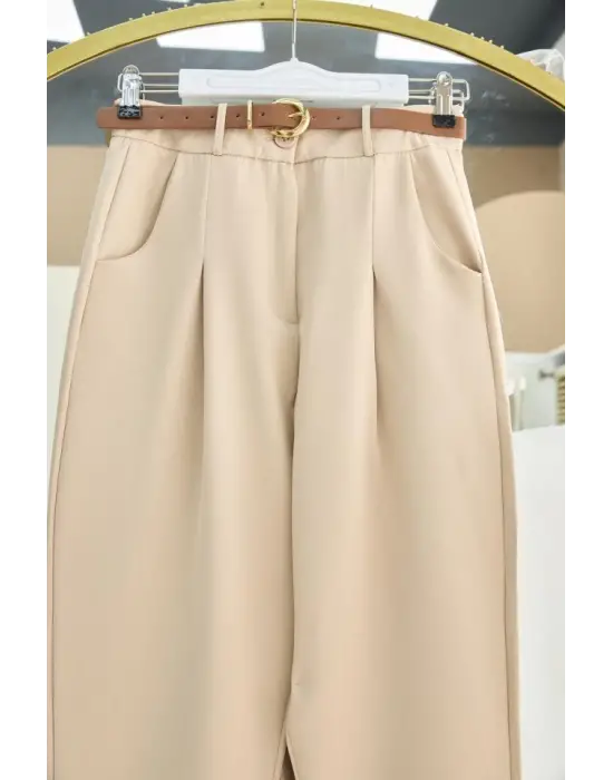 Pileli Cepli Kemerli Bilek Pantolon -Bej