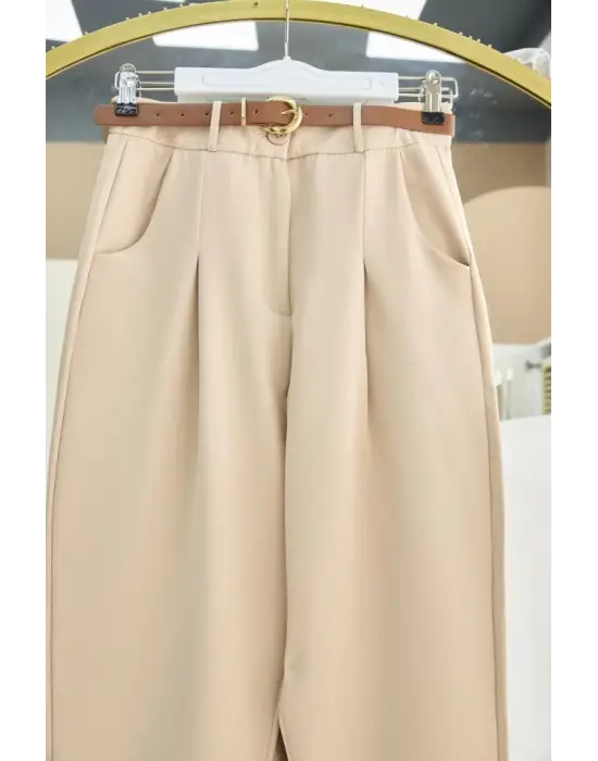 Omarı Pileli Cepli Bilek Pantolon - Bej