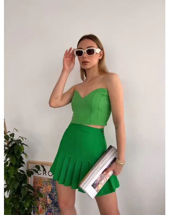 Omarı Pileli Düğmeli Etek - Yeşil Renk Seçeneği