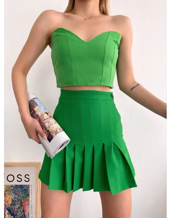 Pileli düğmeli etek açık yeşil s24811