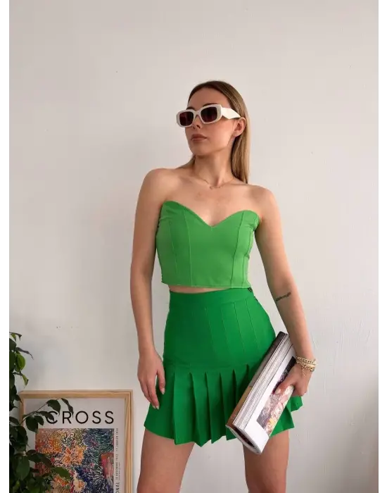 Omarı Pileli Düğmeli Etek - Yeşil Renk Seçeneği