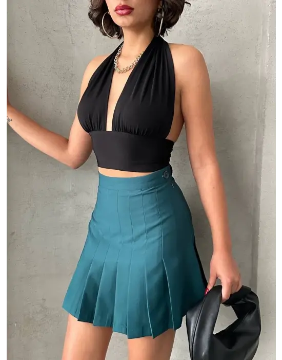 Pileli düğmeli etek yeşil s24811