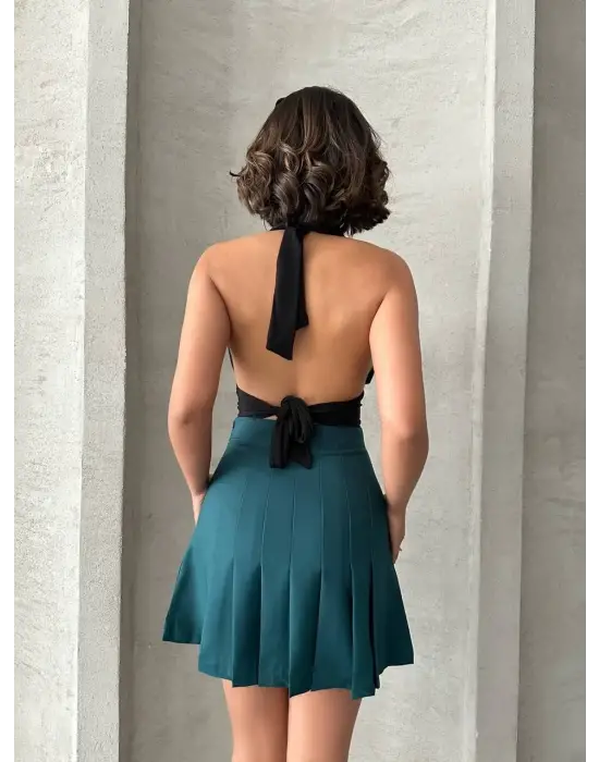 Pileli düğmeli etek yeşil s24811