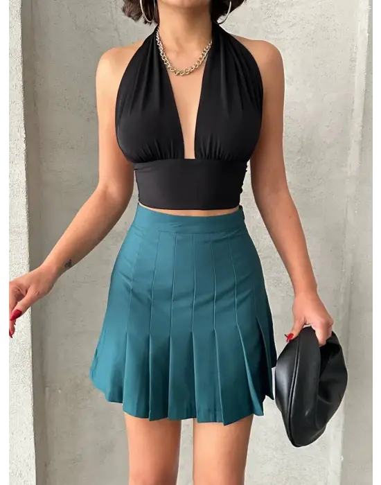 Pileli düğmeli etek yeşil s24811