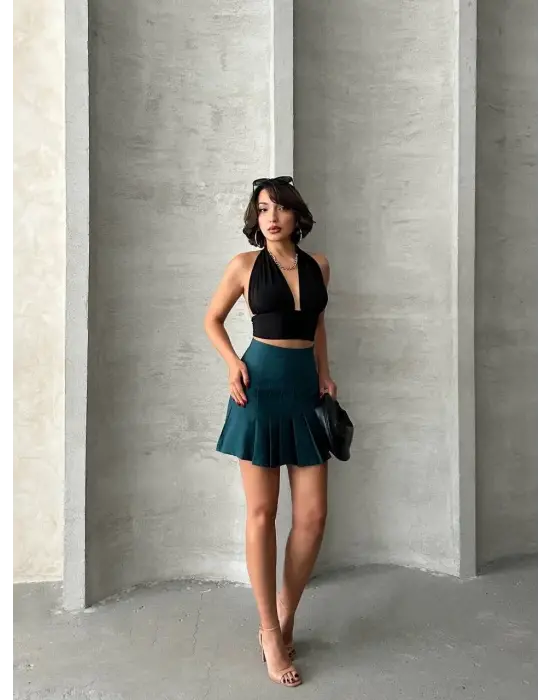 Pileli düğmeli etek yeşil s24811