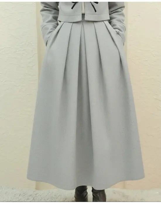 Pileli Fermuarlı Kaşe Etek    -Açık Gri