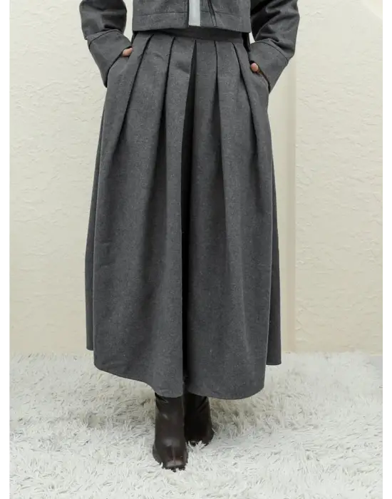 Pileli Fermuarlı Kaşe Etek   -Füme