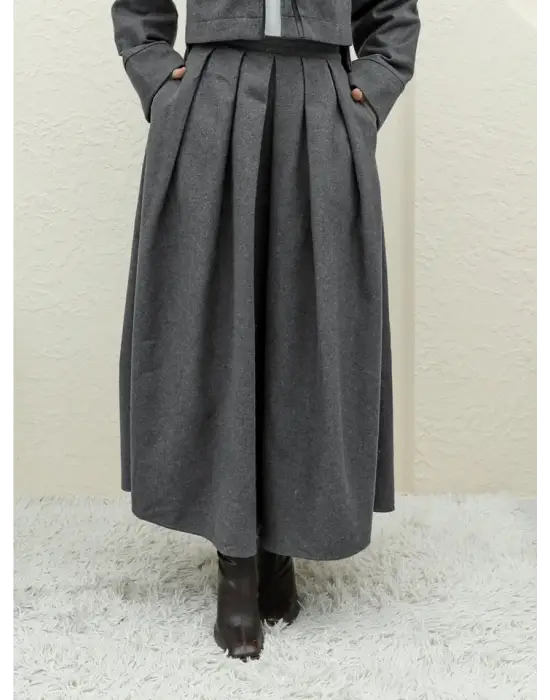 Pileli Fermuarlı Kaşe Etek   -Füme