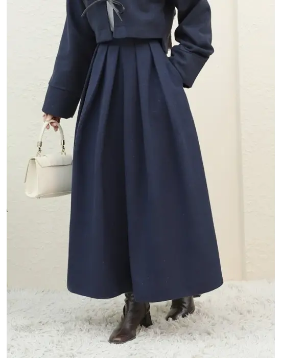 Pileli Fermuarlı Kaşe Etek -Laci