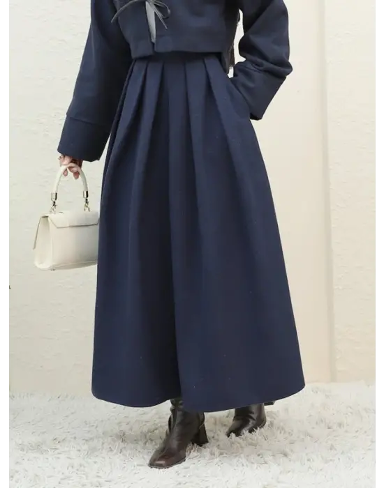 Pileli Fermuarlı Kaşe Etek -Laci