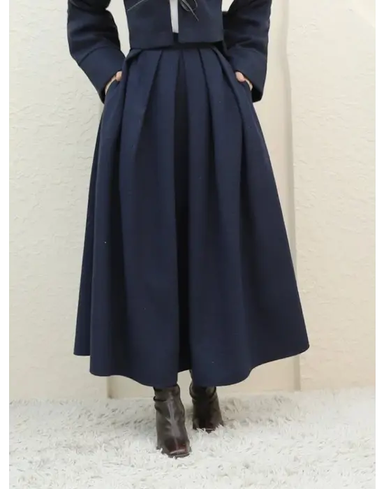 Pileli Fermuarlı Kaşe Etek -Laci