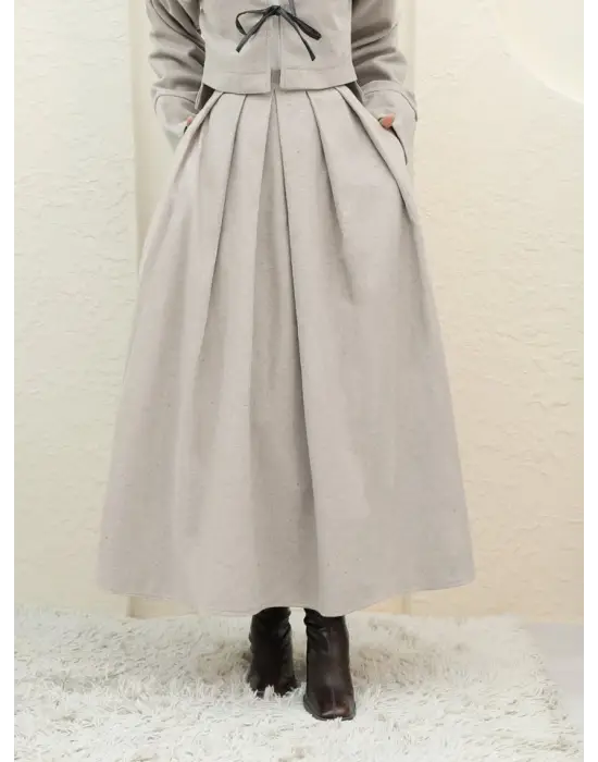 Pileli Fermuarlı Kaşe Etek   -Taş