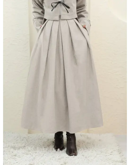 Pileli Fermuarlı Kaşe Etek   -Taş