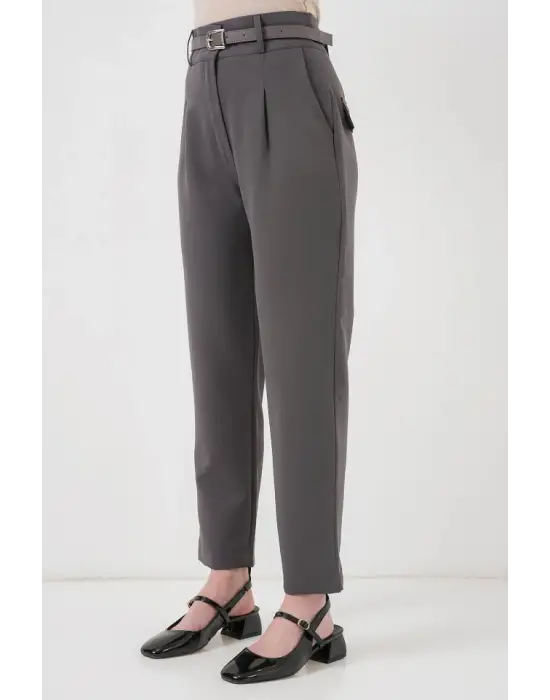 Pileli Kemerli Kumaş Pantolon 6725 - Antrasit