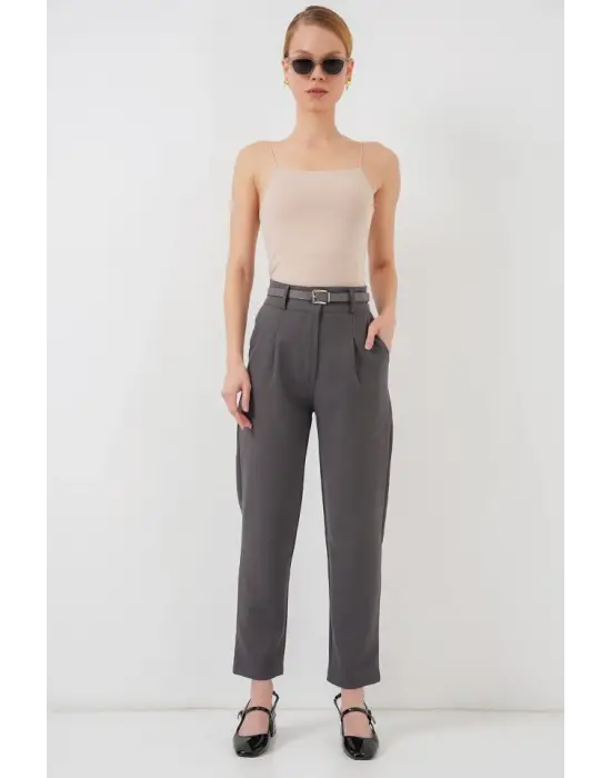 Pileli Kemerli Kumaş Pantolon 6725 - Antrasit