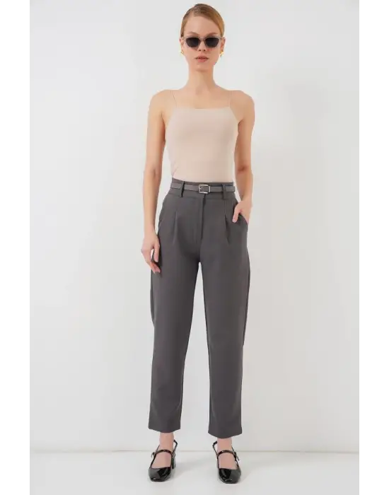 Pileli Kemerli Kumaş Pantolon 6725 - Antrasit