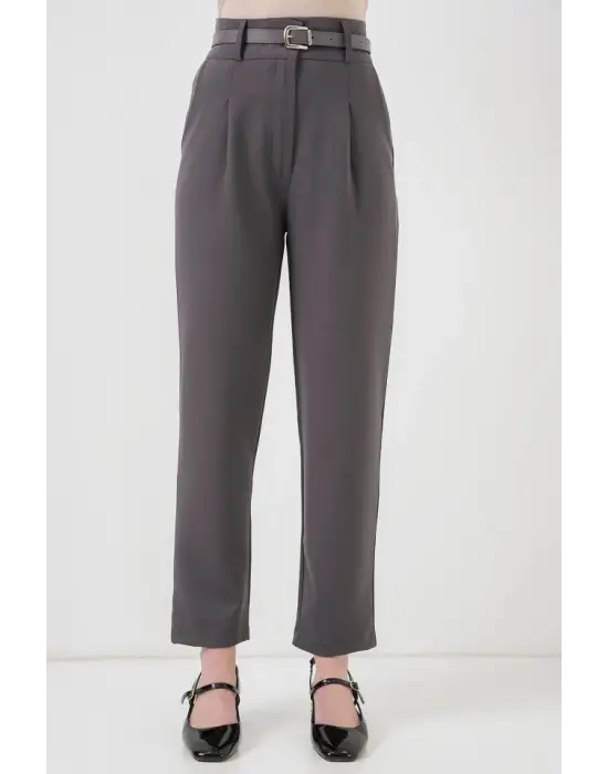 Pileli Kemerli Kumaş Pantolon 6725 - Antrasit