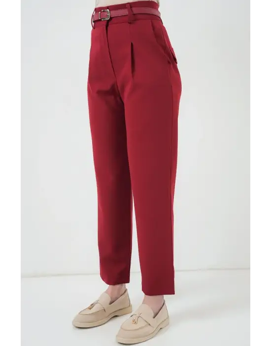 Pileli Kemerli Kumaş Pantolon 6725 - Kırmızı