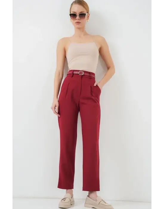 Pileli Kemerli Kumaş Pantolon 6725 - Kırmızı