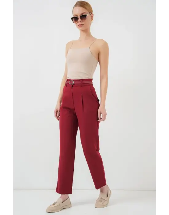 Pileli Kemerli Kumaş Pantolon 6725 - Kırmızı