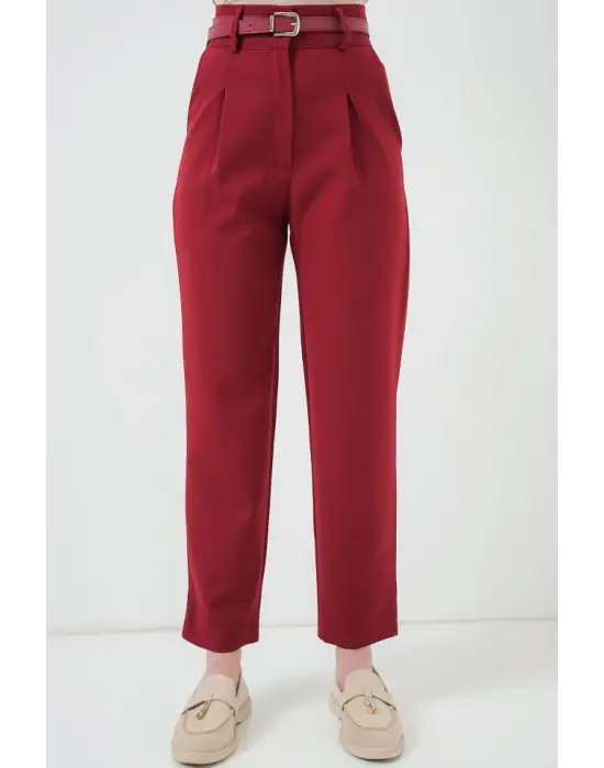 Pileli Kemerli Kumaş Pantolon 6725 - Kırmızı