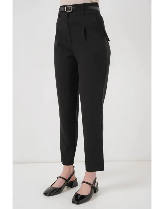 Pileli Kemerli Kumaş Pantolon 6725 - Siyah
