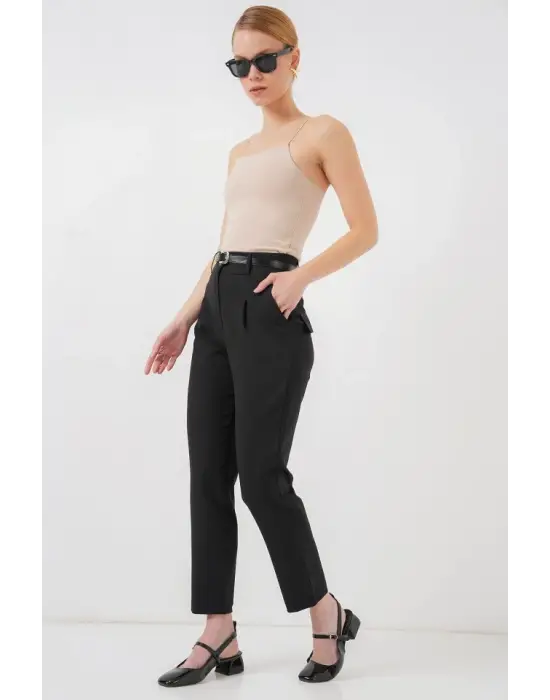 Pileli Kemerli Kumaş Pantolon 6725 - Siyah