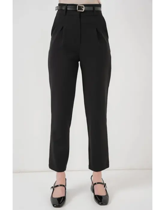 Pileli Kemerli Kumaş Pantolon 6725 - Siyah