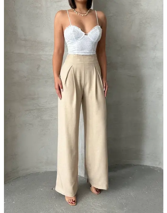 Modern Pileli Keten Pantolon