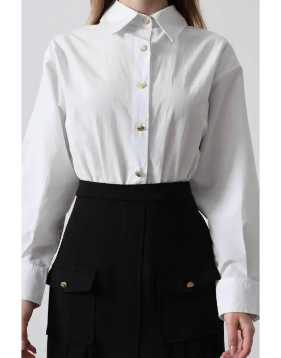 Pileli Kontrast Gömlek Elbise - Beyaz