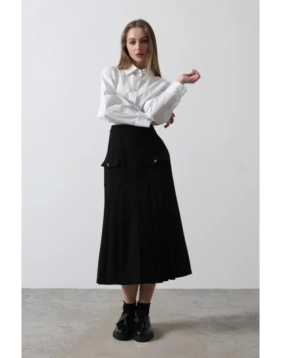 Pileli Kontrast Gömlek Elbise - Beyaz