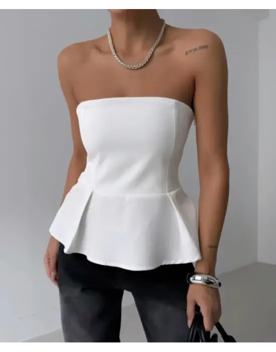 Omarı Şık Pileli Straplez Bluz Modeli