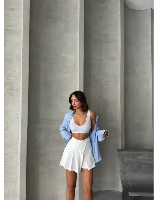 Piliseli düğmeli şort etek beyaz s25813