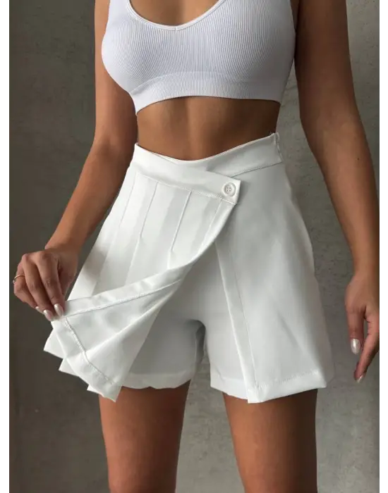 Piliseli düğmeli şort etek beyaz s25813