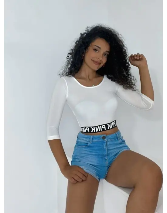 Omarı Yazılı Kol Lastikli Crop Üst - Ekru