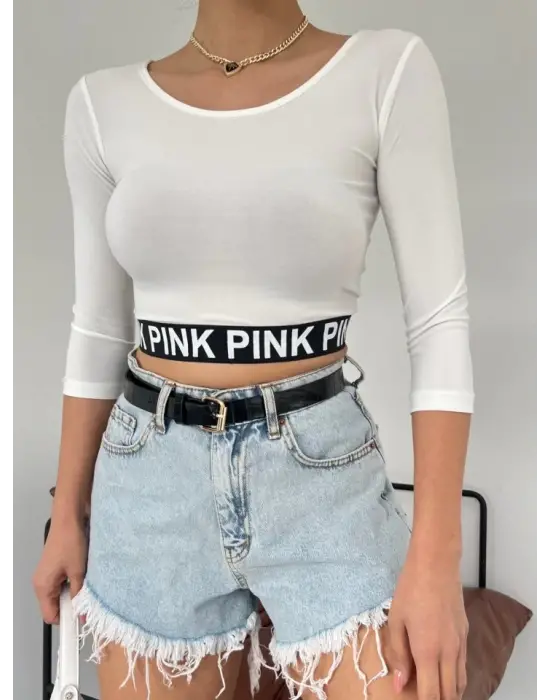 Omarı Yazılı Kol Lastikli Crop Üst - Ekru