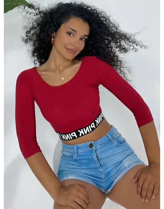 Omarı Yazılı Fakir Kol Lastikli Crop - Kırmızı