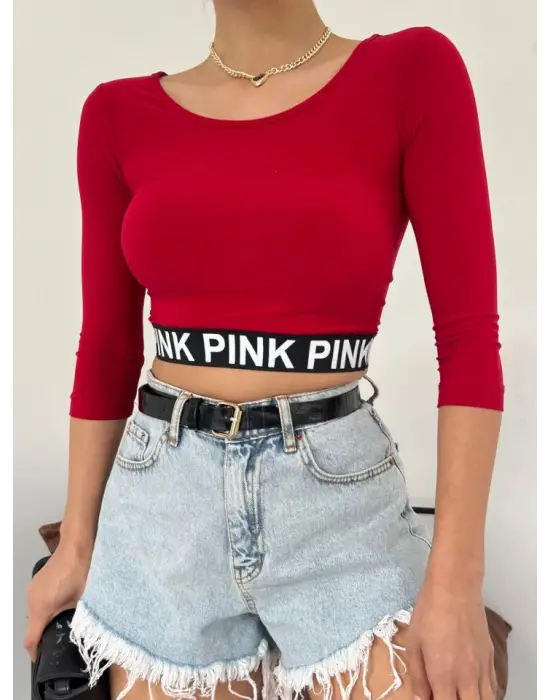 Kırmızı Yazılı Kol Lastikli Crop Kadın Giyim
