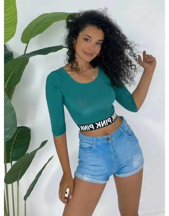 Pink Yazılı Fakir Kol Lastikli Crop -Yeşil