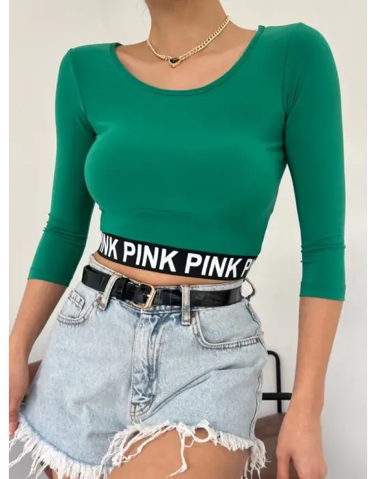 Omarı Yazılı Fakir Kol Lastikli Crop -Yeşil