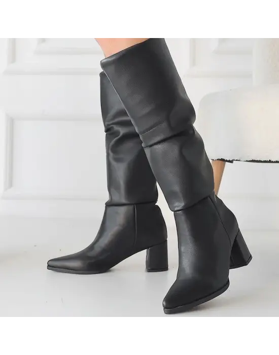 Omarı Siyah Cilt Topuklu Çizme - Trend Moda Stili